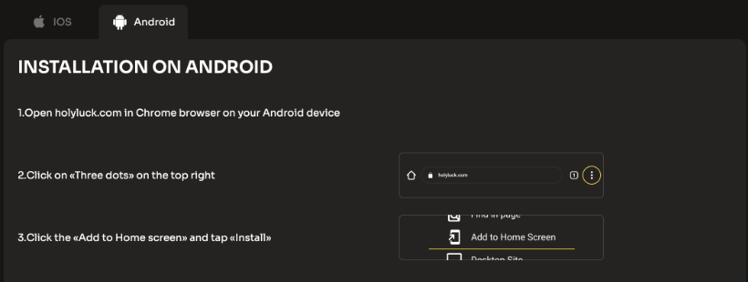 Vejledning i installation af Holyluck-appen på Android