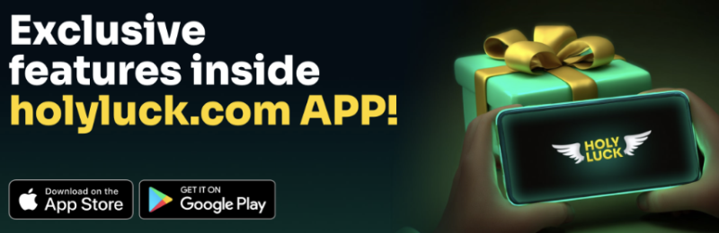 Reklamebanner for Holyluck-appen med download-knapper til App Store og Google Play