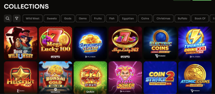 Oversigt over spilkollektioner med populære spilleautomater som Book of Wild West, Mega Lucky 100 og Thunder Coins XXL