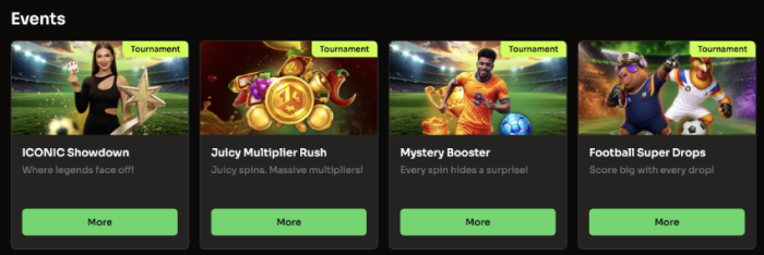 Turneringsevents som Iconic Showdown, Juicy Multiplier Rush, Mystery Booster og Football Super Drops