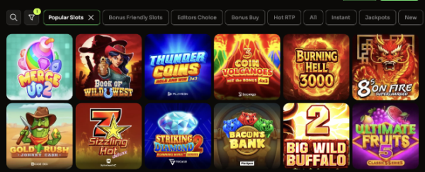 Liste over populære spilleautomater med filtre som Bonus Buy, Jackpots og Instant Win