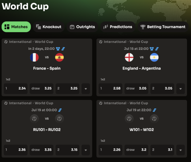 Fodbold-VM 2026 betting-oversigt med kampe, odds og turneringsmenu